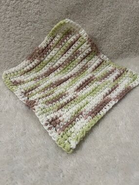 Handmade Crocheted Striped washcloth in White, Sage & Taupe